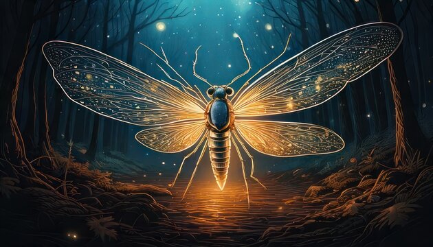 Enchanting Bioluminescent Cicada in a Mystical Forest at Night.