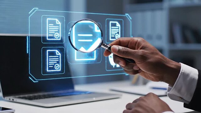 Businessman reviews digital documents with magnifying glass, utilizing a holographic system for data verification and quality control. Focus on efficiency, compliance, intelligent automation, and...