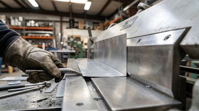industrial sheet metal bending process | worker in protective leather gloves using press brake | precision metal fabrication in workshop | hand pressing steel plate into shape