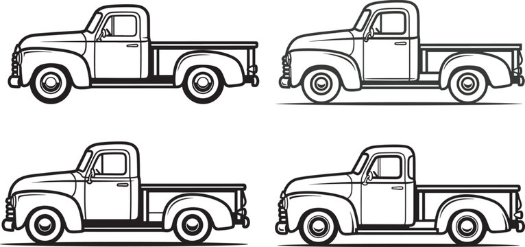 Vintage pickup trucks collection line art with pickup truck white background vintage car old timer motor vehicle transport automotive collection silhouette isolated side view automobile