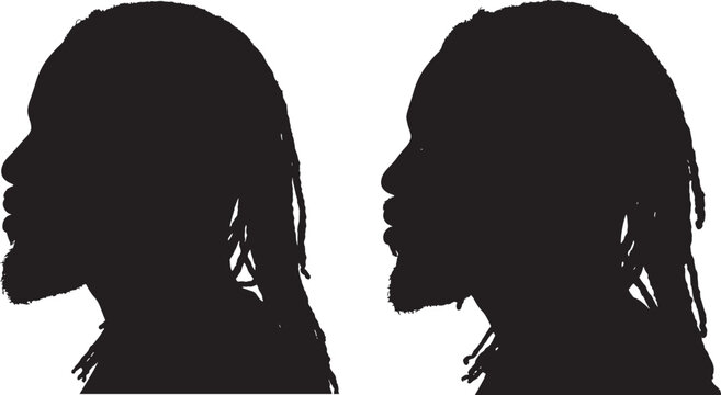 Two black silhouettes of men's profiles with dreadlocks and beards facial hair silhouette dreadlocks identity contrast representation character background features appearance hairstyle