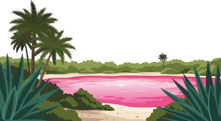 Vibrant pink lake surrounded by lush greenery and palm trees, a beautiful nature scene captured in a vector illustration perfect for travel and relaxation themes © Purnomo