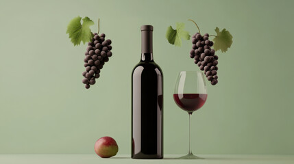 Obraz premium Elegant Wine Bottle and Glass with Grapes on Colorful Background
