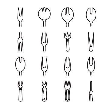 Collection of flat design fork icons with varied tines and handles on a white background