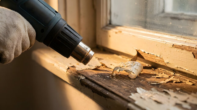 Removing old paint with a heat gun| Restoration of vintage wooden window sill| DIY home renovation and paint stripping| Stripping peeling paint from wood surface