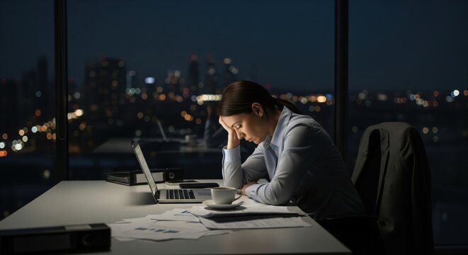 Exhausted office professional remains at desk after hours with city lights outside, clearly expressing busy woman burnout, stress and late evening overload.