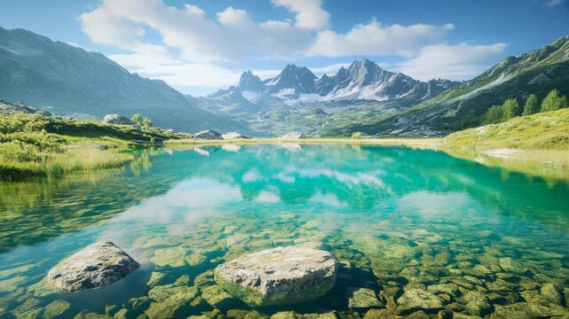Scenic alpine lake surrounded by green mountains with mirror like reflection and clear water pristine natural environment with rocks in foreground peaceful landscape for travel and outdoor adventure