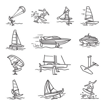 Collection of hydrofoil watercraft and watersports line art illustrations on white background