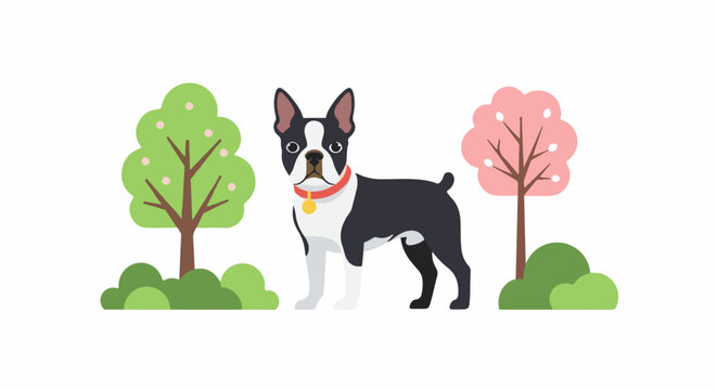 A black and white dog stands between two stylized trees with pink and green leaves