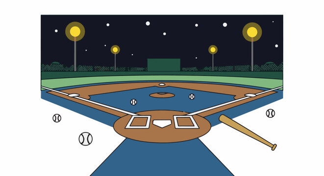 A baseball field at night under stadium lights with a bat and balls