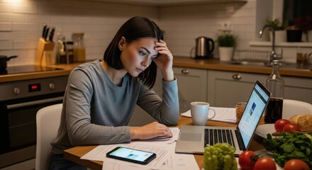 Fototapeta premium Busy woman burnout scene with exhausted adult woman working late at kitchen table, surrounded by laptop, papers, cold coffee and unfinished dinner tasks.