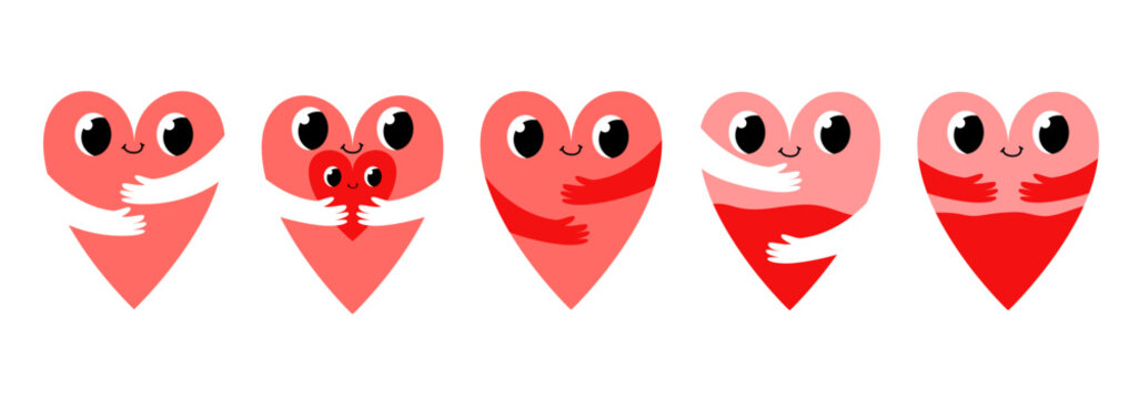 Cute Cartoon Hearts Characters with Smiling Faces and Embracing Hands for International Volunteer Day Hand Drawn Illustration Isolated Background