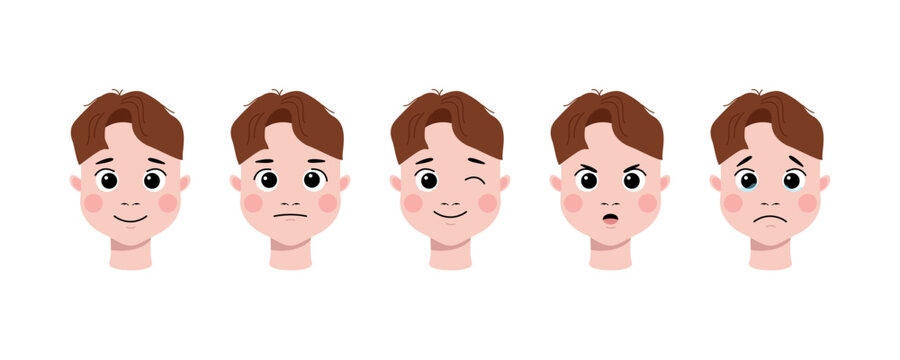 Cute boy face expressions set showing various emotions in flat vector style