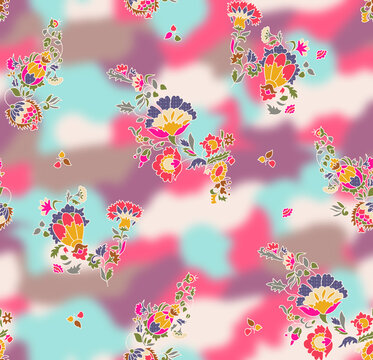Unique seamless textile pattern blending traditional ethnic floral motifs with a modern abstract blurred background. Perfect for digital printing on fashion apparel, contemporary ethnic wear, and kurt