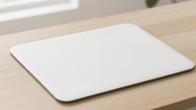 Empty Matte White Mouse Pad on Light Oak Desk Landscape