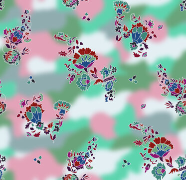 Unique seamless textile pattern blending traditional ethnic floral motifs with a modern abstract blurred background. Perfect for digital printing on fashion apparel, contemporary ethnic wear, and kurt