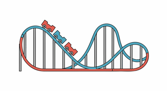 A colorful roller coaster with three cars racing along its track