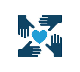Obraz premium Four hands reaching towards a heart, symbol of unity and charity