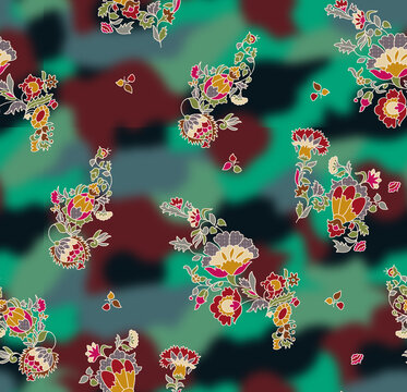 Unique seamless textile pattern blending traditional ethnic floral motifs with a modern abstract blurred background. Perfect for digital printing on fashion apparel, contemporary ethnic wear, and kurt