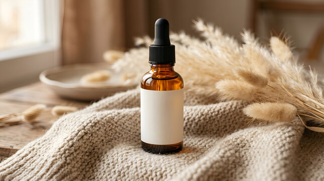 Botol penetes kaca amber yang ditata cantik dengan label putih diletakkan di atas selimut rajut yang lembut. Bunga-bunga kering menambahkan sentuhan alami dan bohemian.
