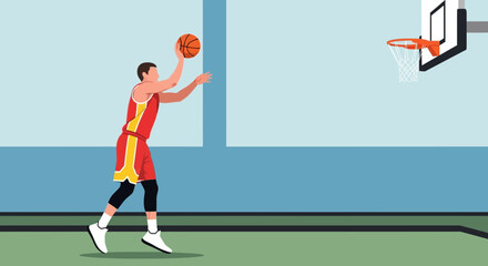 Basketball player shooting a ball into a hoop in a gym © Setiyawan