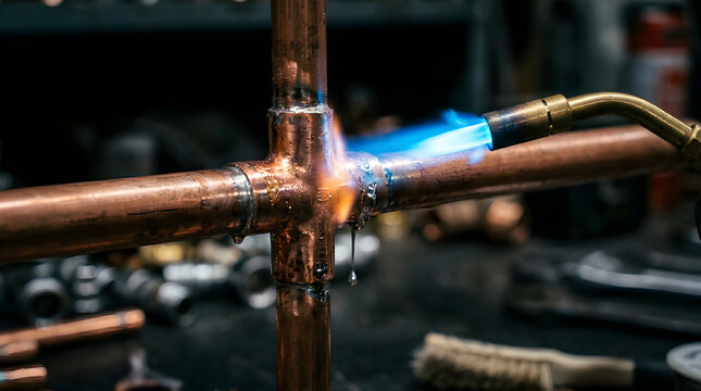 Soldering copper pipe with propane torch | Plumbing repair using blowtorch and solder | Heating metal joint for sweat soldering | Professional plumber working on water pipes