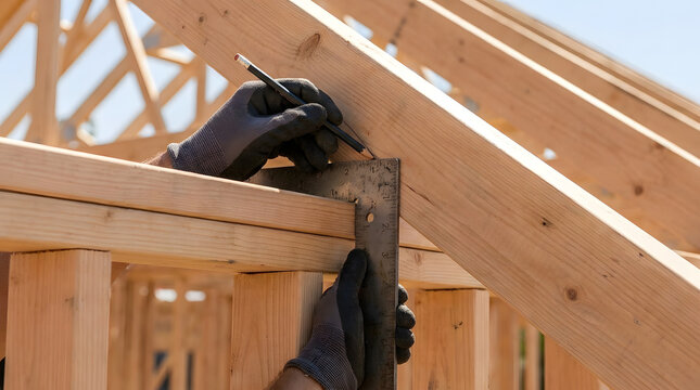 Professional carpenter marking roof rafter plumb cut | House framing with speed square and pencil | Building wooden roof structure | Carpentry tools for accurate measuring and marking