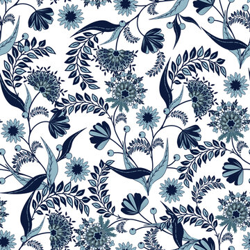Floral seamless pattern, Flower chintz pattern seamless vector border print. Botanical batik background. Arabesque floral ornament motif for decoration fabric, women clothing, scarf, wallpaper design 