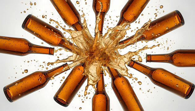 Beer bottles exploding with liquid splashing isolated on white background