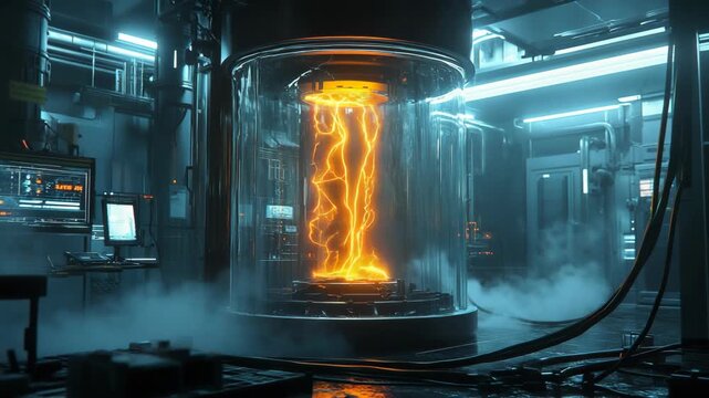 Sci-fi chamber with cylindrical container holding bright orange energy core surrounded by cables and machinery futuristic laboratory experiment technology concept dramatic lighting detailed scene