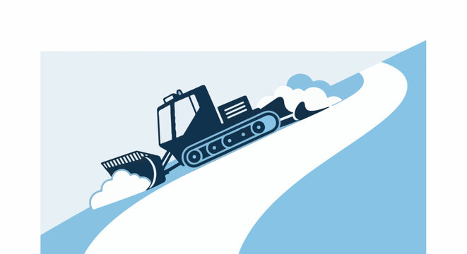 A dark blue snowcat machine grinds snow on a light blue slope