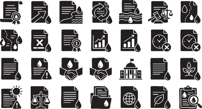 Water resource management and environmental document glyph icon set including conservation climate change weather impact legal water rights and industrial analysis symbols