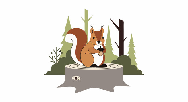 A cartoon squirrel sits on a tree stump in a forest clearing, holding an acorn