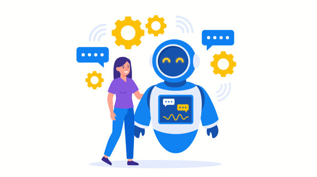 Woman interacting with a friendly artificial intelligence robot assistant.
