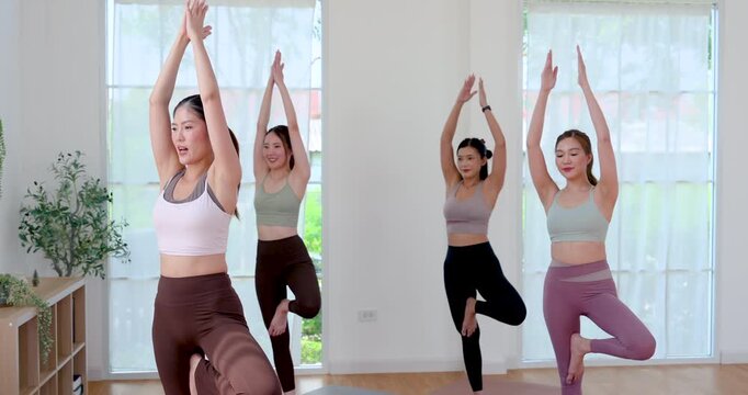 Asian adult female yoga group holds tree pose with palms overhead, improving standing balance, posture control, core stability, concentration, flexibility, healthy body shape in studio class