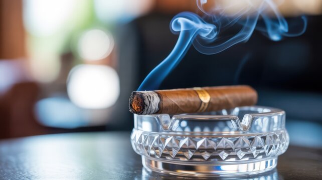 A lit cigar with rising blue smoke resting on a crystal ashtray on a dark table.