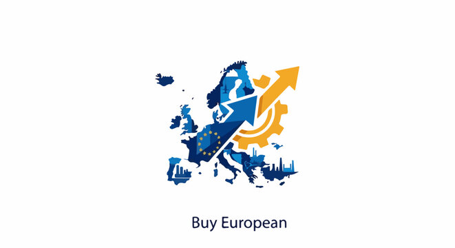 A graphic depicting the continent of Europe with an upward arrow and gear