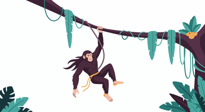 A monkey swings from a thick branch with vines and lush green leaves