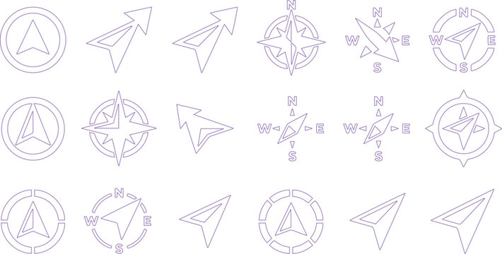 Minimalist navigation arrow and compass rose vector icon set, essential directional symbols, modern travel and location graphics, clean UI/UX elements for digital design isolated on White
