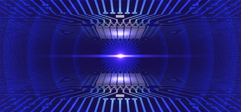 Vector digital technologies, futuristic circuit 3d board, symmetry. Radiant blue burst, power, energy of modern computing. High performance processors. Deep gradient glowing. IT related project