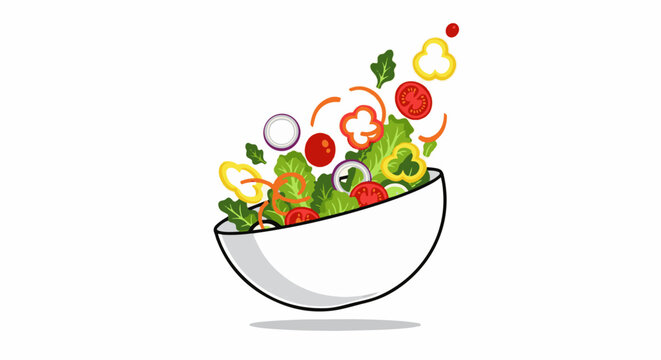 A white bowl overflows with a vibrant, fresh salad and scattered ingredients