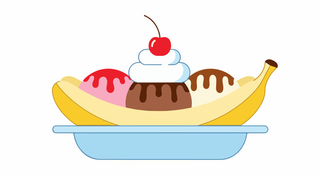 A cartoon banana split dessert with three scoops of ice cream