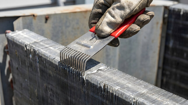 HVAC technician repairing air conditioner condenser unit | straightening bent aluminum fins with fin comb tool | air conditioning maintenance and coil cleaning service | professional hvac repair 