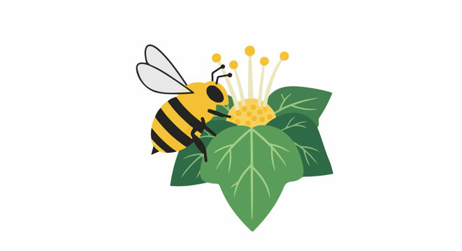 A cartoon bee lands on a green plant with a yellow flower