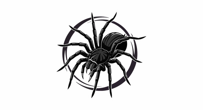 Black tarantula with eight legs centered within a purple circular design
