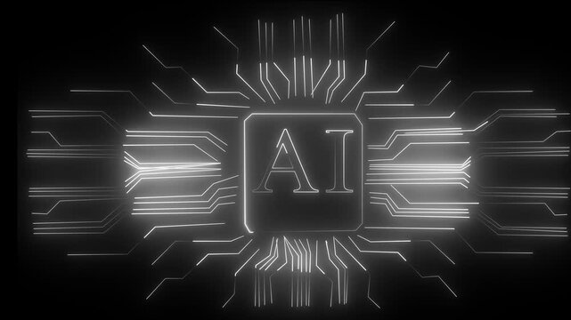 This AI showcase a glowing white circuit board design with tha letars.tha ai logo is 4K video prominently displayed againtst a backdrop of interconnected white leons.