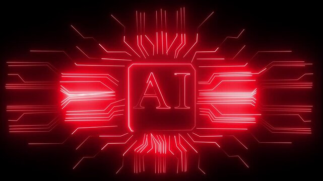 Glowing neon technology circuit board with AI text icon on black background. 4K video neon new color digital technology intranet logo network. 