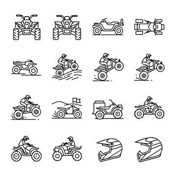 All-terrain vehicles and rider helmets in a clean line art style for adventure sports concepts
