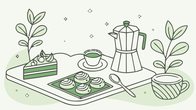 Modern matcha caf setup with green tea desserts and plants on a tray