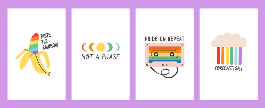 Set of vertical pride month posters with rainbow and retro symbols on white background. Minimalist LGBTQ banners for pride celebration, social media stories, queer community event. Vector illustration
